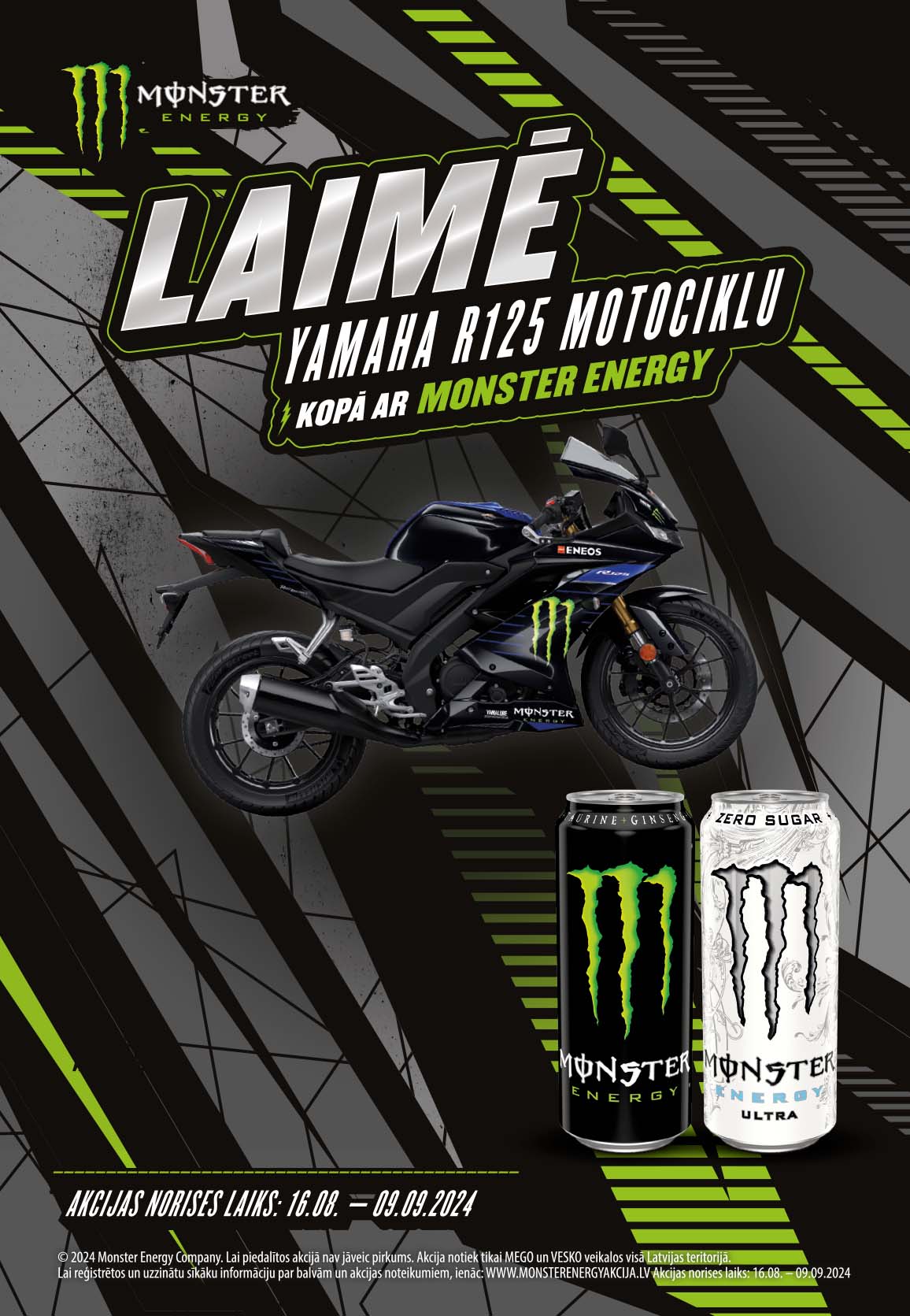 Laimē Yamaha R125 motociklu kopā ar Monster Energy!