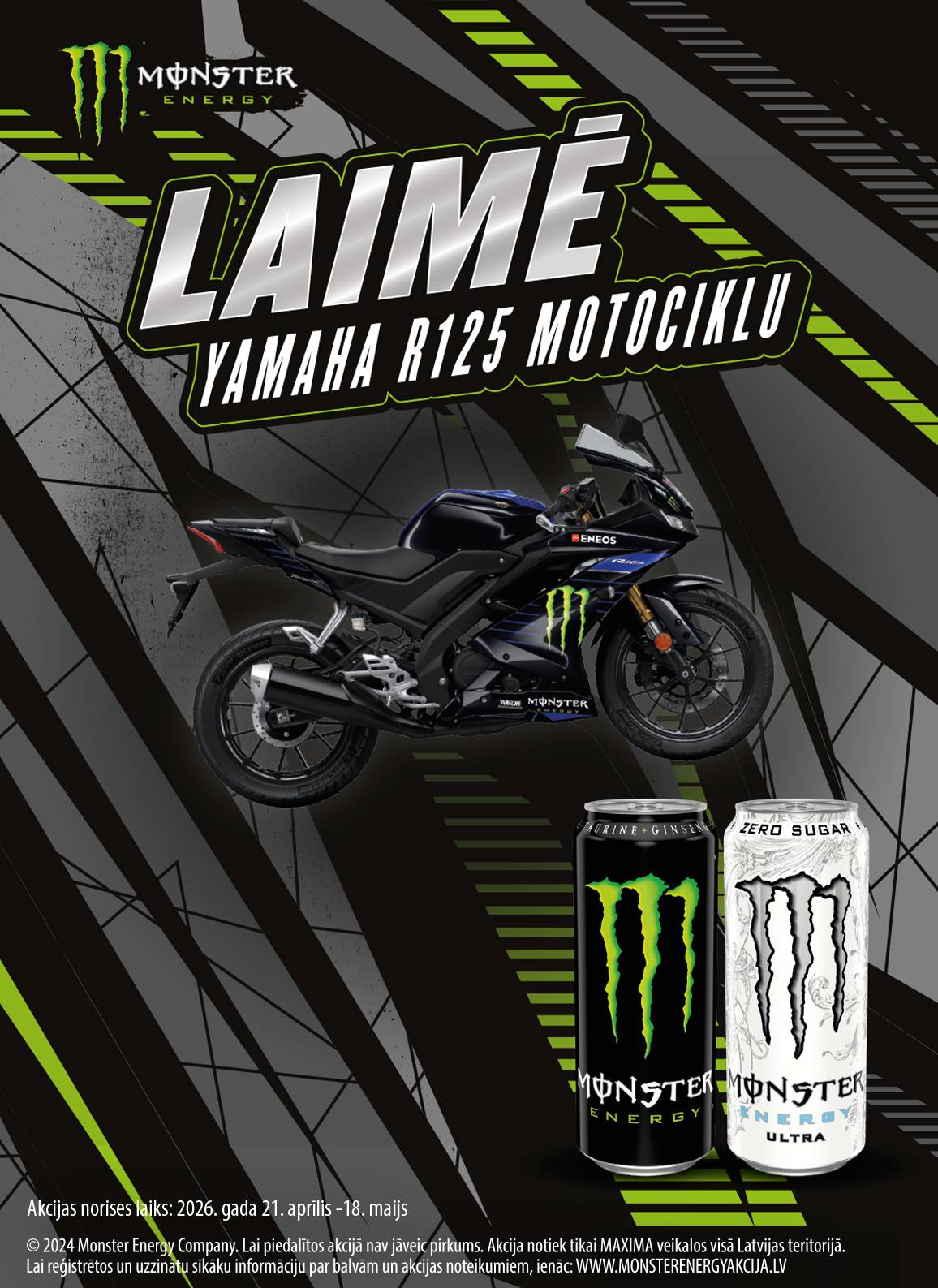 Laimē Yamaha R125 motociklu kopā ar Monster Energy!