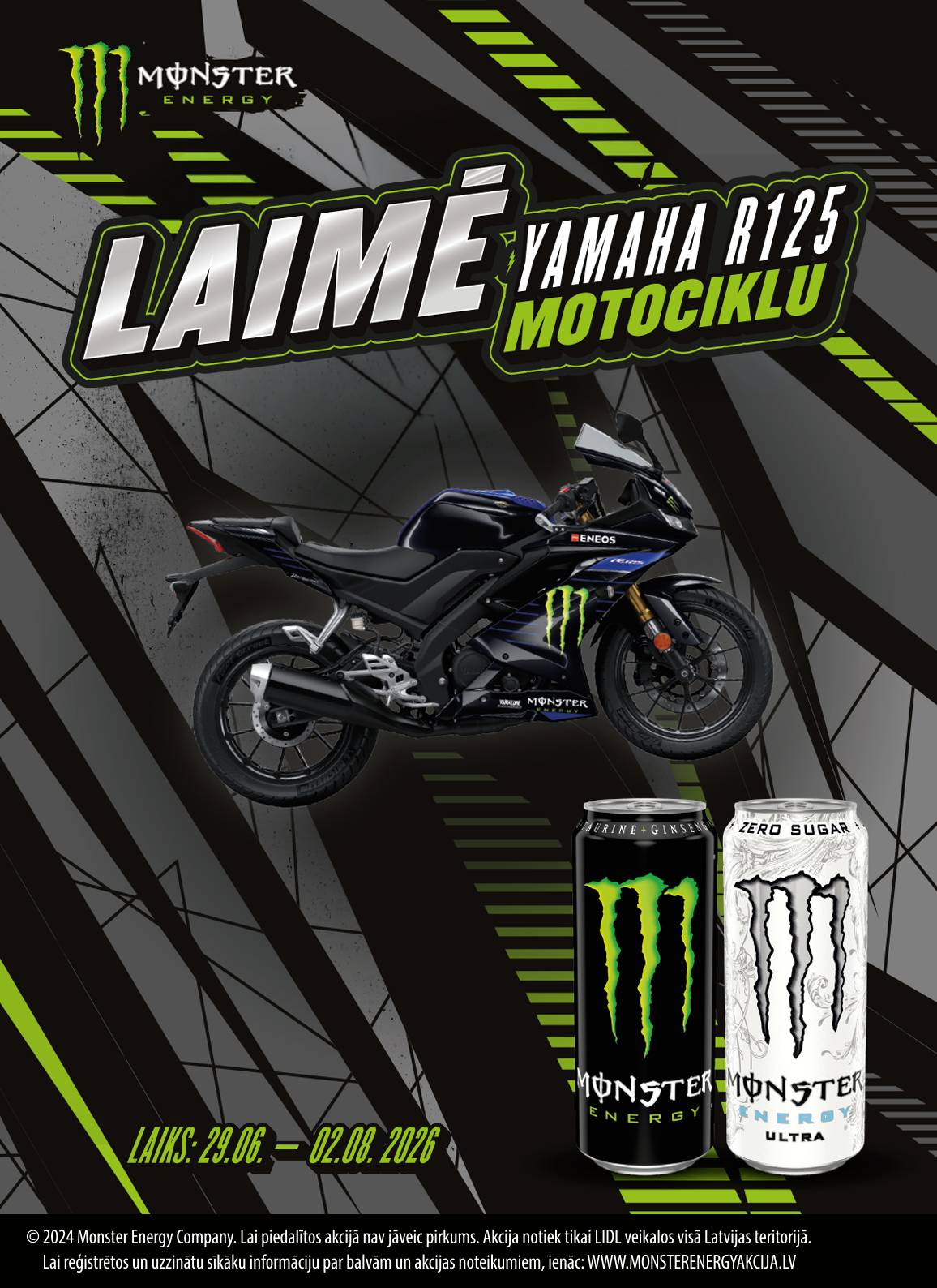 Laimē Yamaha R125 motociklu kopā ar Monster Energy!